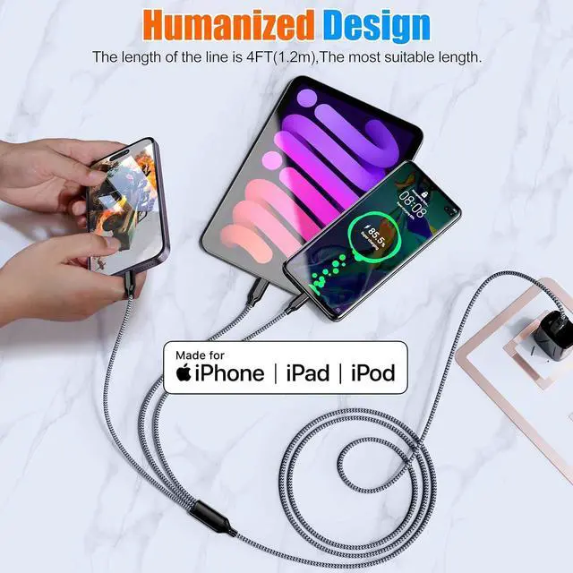 Alt view image 4 of 7 - Multi Charging Cable 4ft 3Pack 3 in 1 Charger Cord, Multiple Rapid Nylon Braided Cable USB Charging Cable Multi Phone Charger Cord with Type C Micro Lightning USB Connectors for Cell Phones