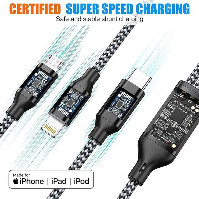 Alt view image 5 of 7 - Multi Charging Cable 4ft 3Pack 3 in 1 Charger Cord, Multiple Rapid Nylon Braided Cable USB Charging Cable Multi Phone Charger Cord with Type C Micro Lightning USB Connectors for Cell Phones