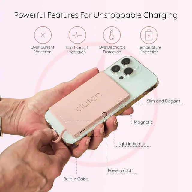 Alt view image 2 of 7 - Clutch - Pro USB-C Portable Charger - Compatible with iPhone 15, 16 & Android Devices - Power Bank Magnetic Battery - TSA Travel Approved - USB Rechargeable - Built-in Cable - 5000 mAh - 3.7oz - Pink