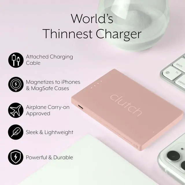 Alt view image 4 of 7 - Clutch - Pro USB-C Portable Charger - Compatible with iPhone 15, 16 & Android Devices - Power Bank Magnetic Battery - TSA Travel Approved - USB Rechargeable - Built-in Cable - 5000 mAh - 3.7oz - Pink