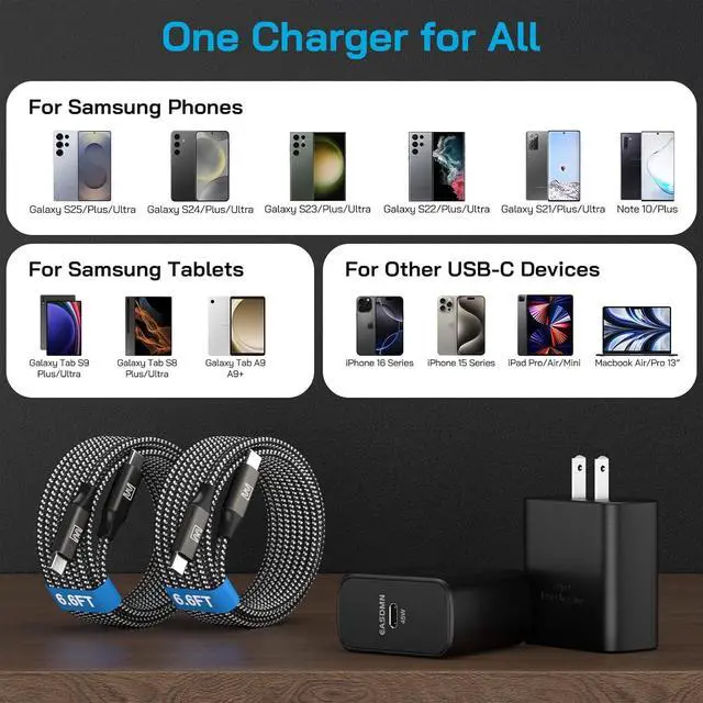 Alt view image 5 of 7 - 45W Super Fast Charger Type C, [2 Pack] 45 Watt USB-C Charger PD/PPS Wall Charging Block for Samsung Galaxy S25 Ultra/S25+/S25/S24/S23 Ultra/S23+/S22 Ultra/S22+/S20 Ultra, Tab S8(with 2X 6.6ft Cable)