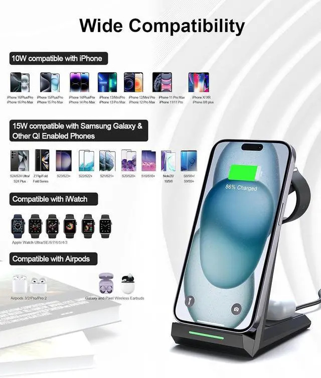 Alt view image 3 of 7 - Wireless Charging Station for iPhone - ADADPU 3 in 1 Charger Stand for iPhone 16 Pro Max 15 14 13 12 11 Pro Max XR 8 Plus, for Apple Watch 8/7/SE/6/5/4/3/2,AirPods Pro/3/2(with 5ft Cable and Adapter)
