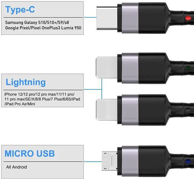 Alt view image 2 of 7 - MTAKYI 3M/10Ft Multi 4 in 1 USB Universal iPhone Charging Cable,Lightning2+Type C+Micro USB Long Nylon Braided Phone Charger Cord Connector Adapter for Android/Apple/iOS/Samsung/LG/Huawei/XiaoMi