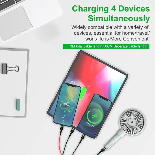 Alt view image 3 of 7 - MTAKYI 3M/10Ft Multi 4 in 1 USB Universal iPhone Charging Cable,Lightning2+Type C+Micro USB Long Nylon Braided Phone Charger Cord Connector Adapter for Android/Apple/iOS/Samsung/LG/Huawei/XiaoMi