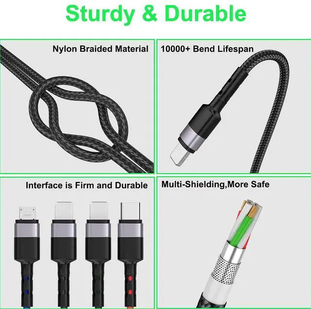 Alt view image 4 of 7 - MTAKYI 3M/10Ft Multi 4 in 1 USB Universal iPhone Charging Cable,Lightning2+Type C+Micro USB Long Nylon Braided Phone Charger Cord Connector Adapter for Android/Apple/iOS/Samsung/LG/Huawei/XiaoMi