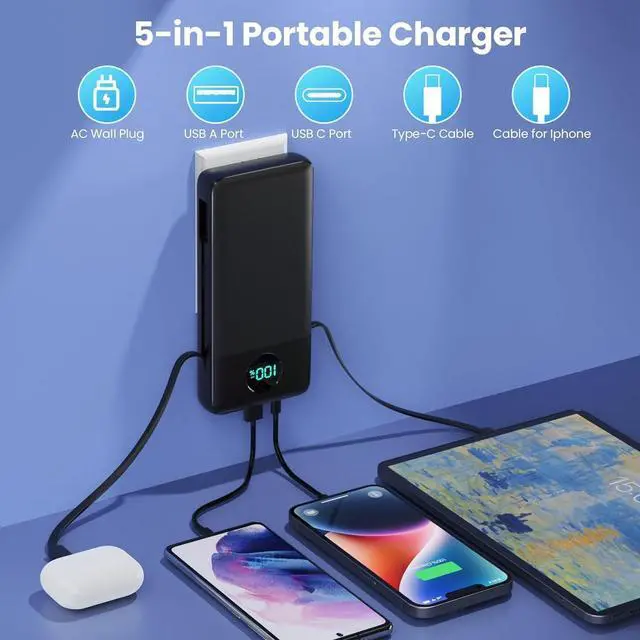 Alt view image 3 of 7 - Portable Charger USB C Power Bank with 2 Built in Cables & AC Wall Plug 13800mAh Portable Battery Pack Fast Charging Compact LED Display Universal Compatible with iPhone 16/15 Galaxy S23 Tablets etc
