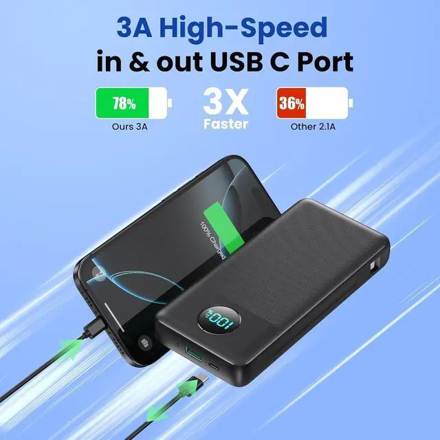 Alt view image 4 of 7 - Portable Charger USB C Power Bank with 2 Built in Cables & AC Wall Plug 13800mAh Portable Battery Pack Fast Charging Compact LED Display Universal Compatible with iPhone 16/15 Galaxy S23 Tablets etc