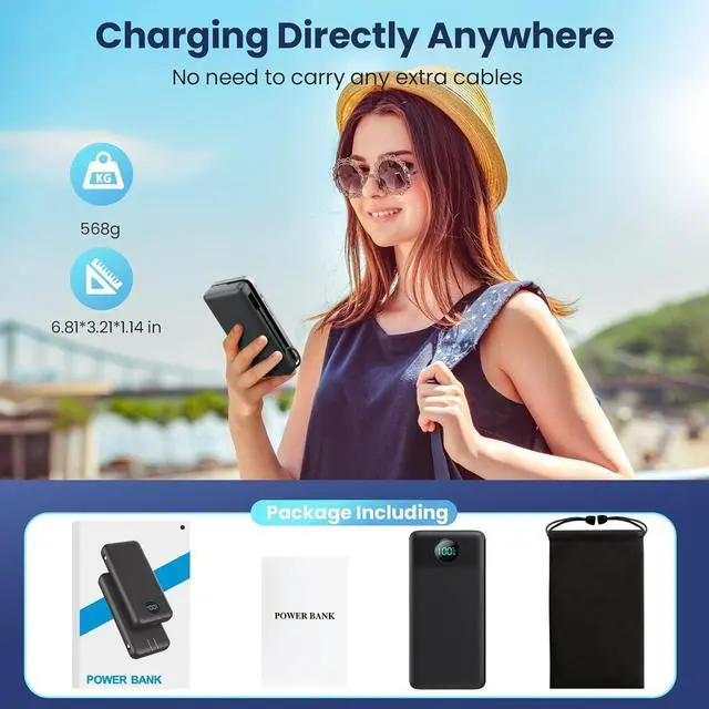 Alt view image 7 of 7 - Portable Charger 33800mAh USB C Power Bank with Built-in Cables & AC Wall Plug 25W Fast Charging+QC 4.0 Phone Charger 4 Output LCD Display Battery Pack Compatible with iPhone16/15  Android etc