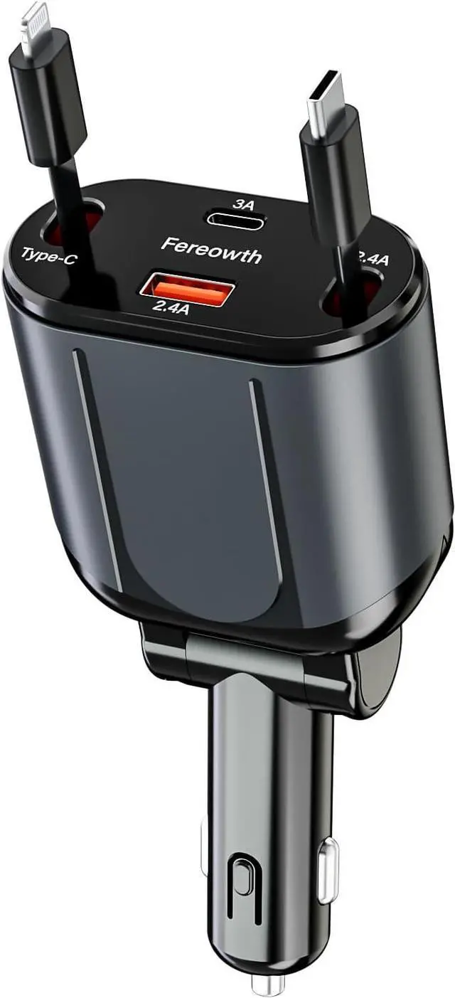 Main image of Retractable Car Charge 4 in 1 Fast Car Phone Charger Adapter PD 63W Phone Retractable Cables (31.5 inch) and 2 USB Ports Car Charger Compatible with iPad,Samsung,Pixe iPhone 15/14/13, Black