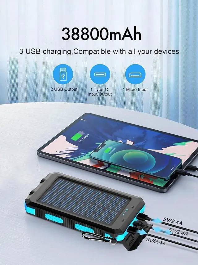 Alt view image 2 of 7 - Solar Charger 38800mAh Solar Power Bank Waterproof External Backup Battery Power Pack with USB C Input/Output/LED Flashlights Compatible with iPhone  iPad Suitable for Outdoor Camping