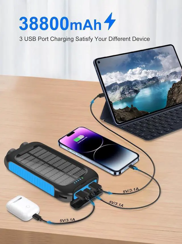 Alt view image 2 of 7 - Solar Power Bank -38800mAh Waterproof Portable Solar Phone Charger with LED Flashlight/Fast Charge USB C External Backup Battery Pack for All Cell Phones & Electronic Devices
