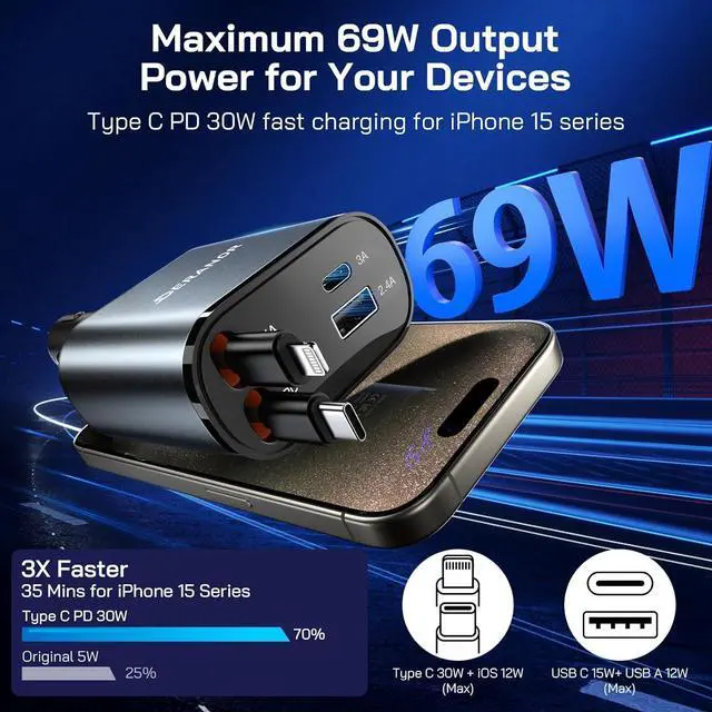 Alt view image 2 of 7 - [2 Pack] Retractable Car Charger 4 in 1 Fast Car Phone Charger 69W, USB C Car Truck Accessories Adapter with 2X Retractable Charger Cords and 2X USB Ports for i Phone 16/15/14/13, for Samsung S25/S24