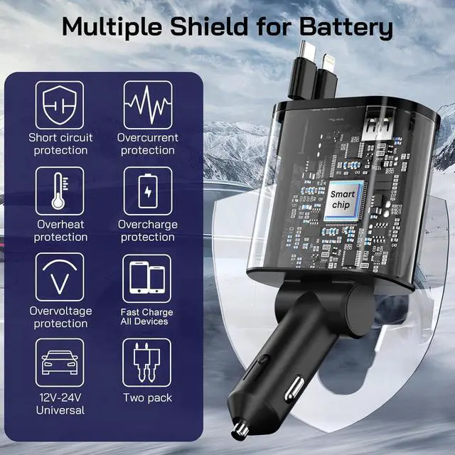 Alt view image 6 of 7 - [2 Pack] Retractable Car Charger 4 in 1 Fast Car Phone Charger 69W, USB C Car Truck Accessories Adapter with 2X Retractable Charger Cords and 2X USB Ports for i Phone 16/15/14/13, for Samsung S25/S24