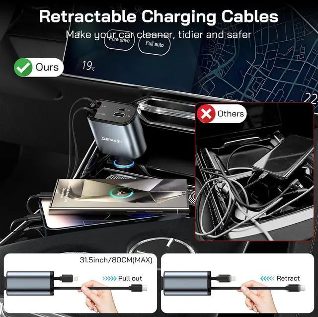 Alt view image 4 of 7 - [2 Pack] Retractable Car Charger 4 in 1 Fast Car Phone Charger 69W, USB C Car Truck Accessories Adapter with 2X Retractable Charger Cords and 2X USB Ports for i Phone 16/15/14/13, for Samsung S25/S24