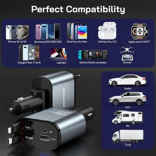 Alt view image 7 of 7 - [2 Pack] Retractable Car Charger 4 in 1 Fast Car Phone Charger 69W, USB C Car Truck Accessories Adapter with 2X Retractable Charger Cords and 2X USB Ports for i Phone 16/15/14/13, for Samsung S25/S24