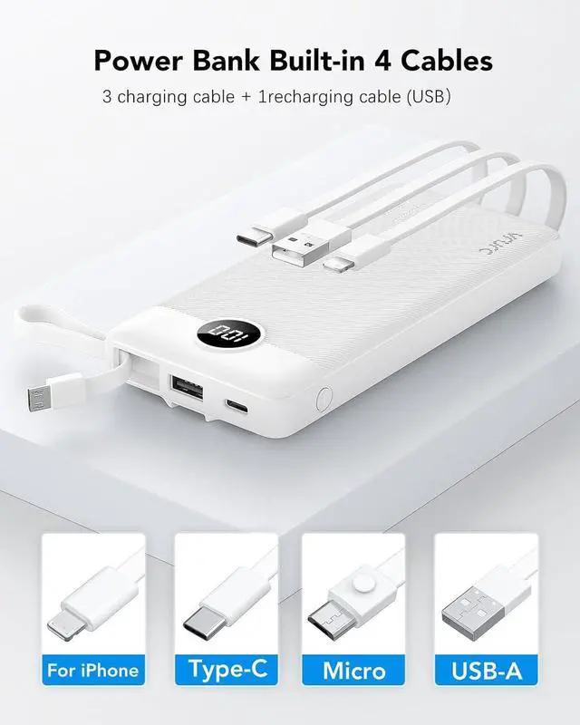 Alt view image 2 of 7 - VRURC Portable Charger Power Bank, 10000mAh Travel Essentials Battery Pack, 5 Outputs 2 Inputs Slim Charing Bank Built-in Cables Cords Wires Compatible with iPhone,Samsung,Android-White(1 Pack)