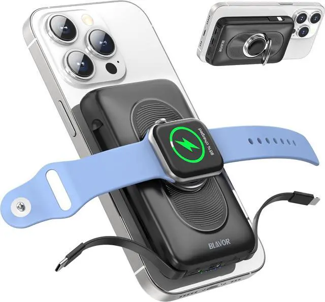 Main image of BLAVOR for Magsafe Portable Charger with Built-in Cables, USB C 20W Fast Charging, 10000mAh Magnetic Wireless Power Bank, Battery Pack with Stand for iPhone 16/15/14/13/12, Powerbank for Apple Watch