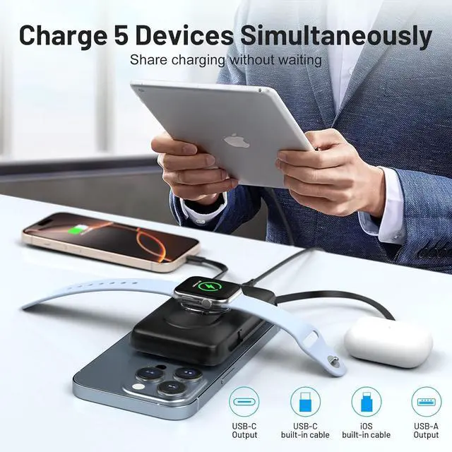 Alt view image 6 of 7 - BLAVOR for Magsafe Portable Charger with Built-in Cables, USB C 20W Fast Charging, 10000mAh Magnetic Wireless Power Bank, Battery Pack with Stand for iPhone 16/15/14/13/12, Powerbank for Apple Watch