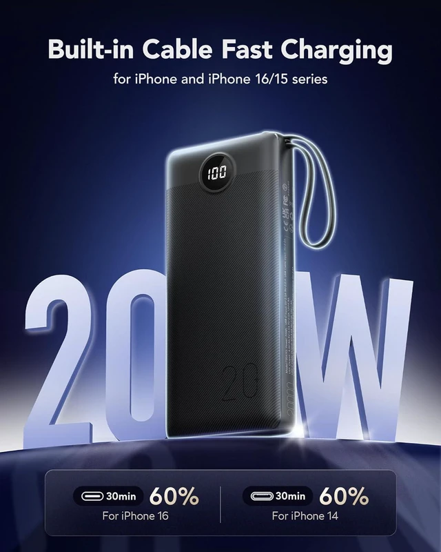 Alt view image 3 of 7 - VRURC Portable Charger 20000mAh, Built-in Cables Fast Charging Power Bank, PD QC 3.0 Travel Essentials Battery Pack, 4 Output & 2 Input Phone Charger for iPhone, Samsung, Android