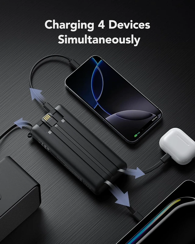 Alt view image 2 of 7 - VRURC Portable Charger 20000mAh, Built-in Cables Fast Charging Power Bank, PD QC 3.0 Travel Essentials Battery Pack, 4 Output & 2 Input Phone Charger for iPhone, Samsung, Android