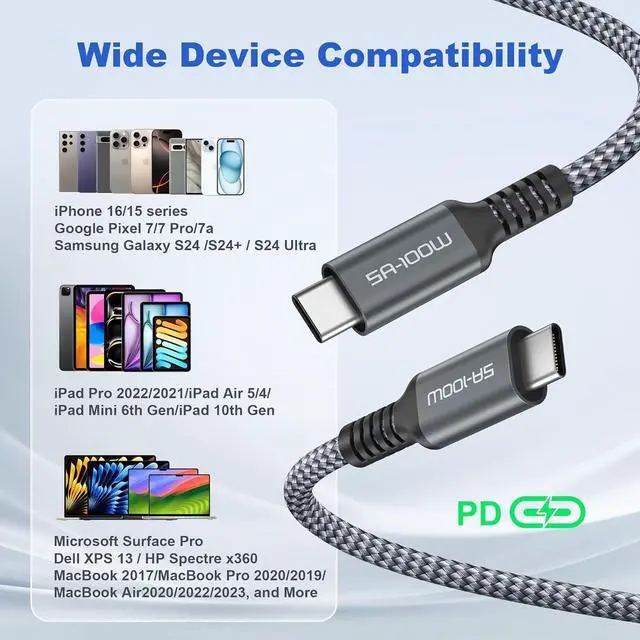Alt view image 7 of 7 - Basesailor iPhone 16 15 Pro Max Charger Cable 10FT,100W USB C to Type C Cable with USB Adapter,Fast Car Charging Power Cord for iPad 10th Air 4th 5th Mini 7th 6th Generation,Samsung Galaxy S25 S24 S23