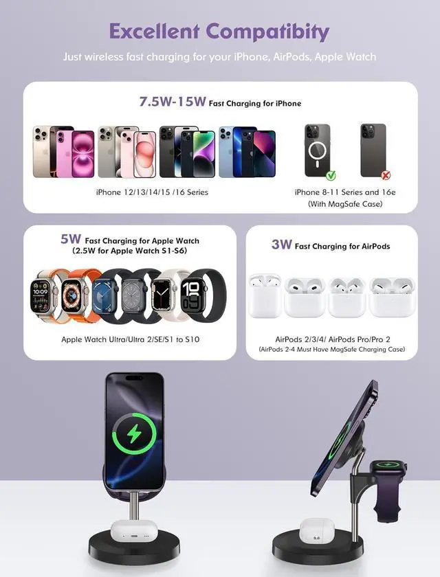 Alt view image 2 of 7 - 3 in 1 Wireless Charging Station for Multiple Devices Apple, 15W Fast Magnetic Mag-Safe Charger Stand for iPhone 16 15 14 13 12 Pro Max Plus Mini Apple Watch AirPods Pro 4 3 2, Black