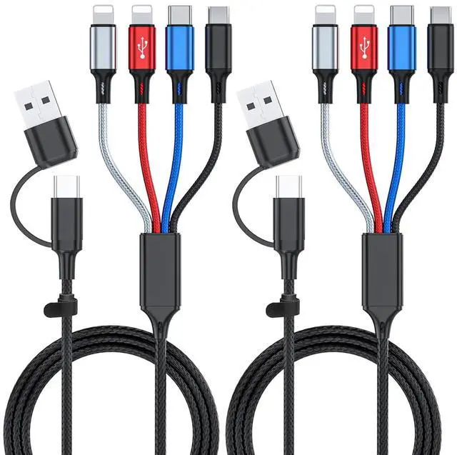 Main image of 6 in 1 Multi Charging Cable 2Pack - 6FT USB Cable 3A Charger Cable Braided Universal USB A/C Charging Cord With 2*IP/Type C/Micro USB Port for Cell Phone/Tablets
