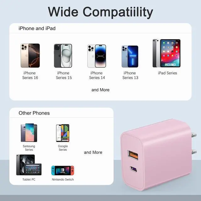Alt view image 4 of 7 - USB C Charger Block Charging Block Type C Charge 20W Wall Chargers 4 Pack for iPhone 16/16 Plus/16 Pro/16 Pro Max/iPhone 15/15 Pro/15 Pro Max/14/13/12 Pro/Samsung//Android(Pink)