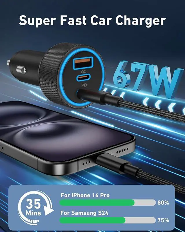 Alt view image 2 of 7 - USB C Car Charger 2Pack 3-Port 67W Dual USB-C & USB-A Car Phone Charger Accessories Cigarette Lighter Fast Charging Adapter for iPhone 16 16e 15 14 13 12 Pro Max iPad  S25 S24 Pixel Tablet