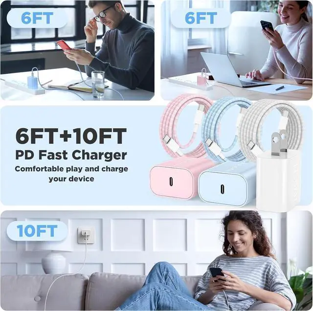 Alt view image 6 of 7 - Fast Charging for iPhone 15 16 Pro Max Charger Colorful 3Pack 20W USB C Fast Chargers Block with 6/6/10ft Long USB C to C Braided Cable Compatible with iPhone 16/15 Pro/15 Plus/iPad Pro 13/12.9