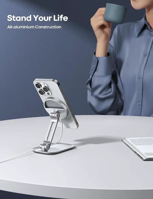 Alt view image 2 of 7 - Lamicall Phone Stand for Apple MagSafe Charger [Not Fits 2024 Ver.] - Dual Hinge Collapsible Adjustable Charging Holder Dock for Desk Nightstand, Fit for Airpods, iPhone 16/15/14/13 Series[Only Stand]