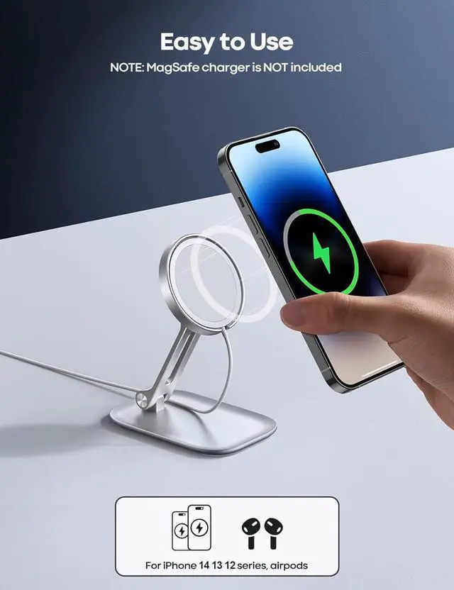 Alt view image 3 of 7 - Lamicall Phone Stand for Apple MagSafe Charger [Not Fits 2024 Ver.] - Dual Hinge Collapsible Adjustable Charging Holder Dock for Desk Nightstand, Fit for Airpods, iPhone 16/15/14/13 Series[Only Stand]