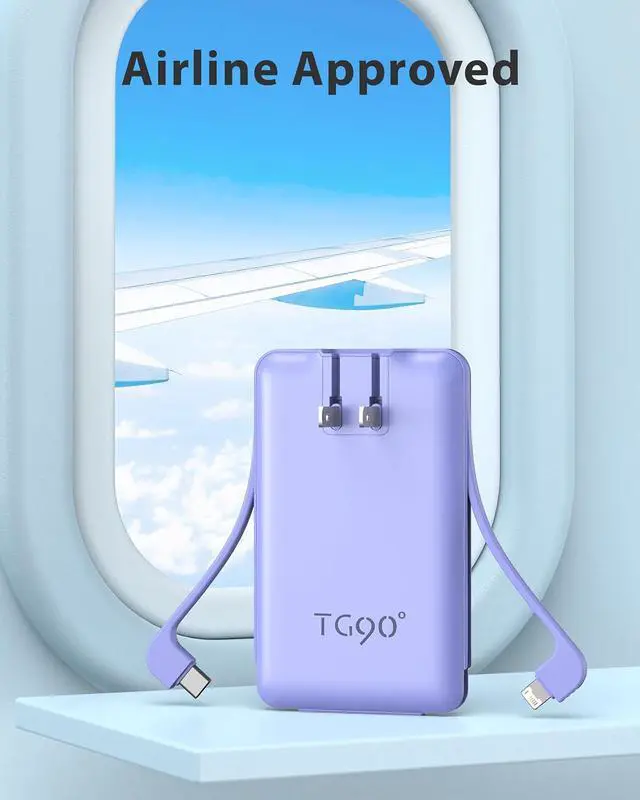 Alt view image 3 of 7 - TG90° Portable Phone Charger Ultra Mini Power Bank with Built-in Foldable AC Wall Plug and Cables,5000mAh External Battery Pack Compatible with iPhone and Android Smart Devices