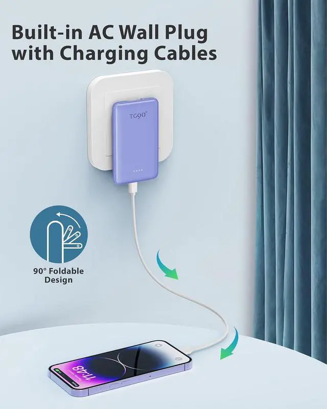 Alt view image 4 of 7 - TG90° Portable Phone Charger Ultra Mini Power Bank with Built-in Foldable AC Wall Plug and Cables,5000mAh External Battery Pack Compatible with iPhone and Android Smart Devices
