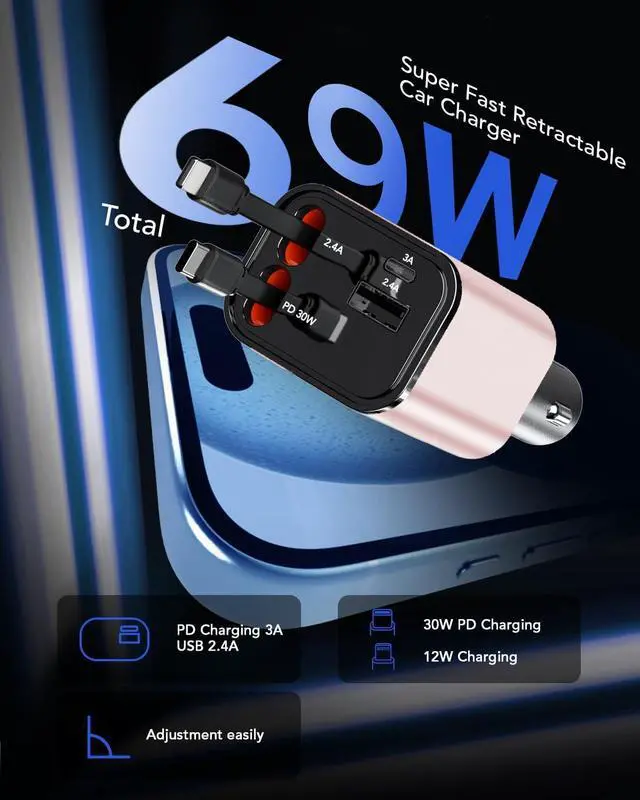 Alt view image 5 of 7 - 84W Retractable Car Charger,Car Phone Charger USB C Fast Charge for iPhone | EloBeth Car Charger,Cigarette Lighter USB Charger Car Accessories,Road Trip Essentials Gift for Men,for iPhone 17/16,Galaxy