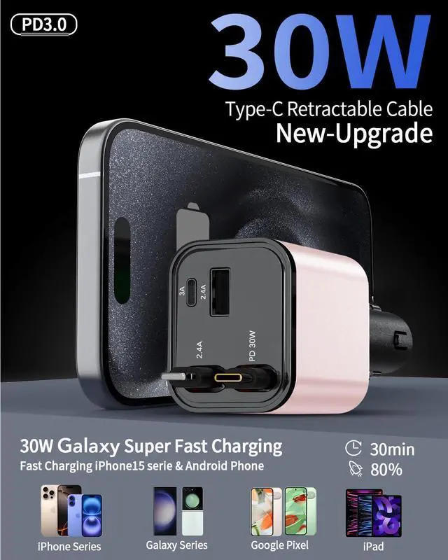 Alt view image 6 of 7 - 84W Retractable Car Charger,Car Phone Charger USB C Fast Charge for iPhone | EloBeth Car Charger,Cigarette Lighter USB Charger Car Accessories,Road Trip Essentials Gift for Men,for iPhone 17/16,Galaxy