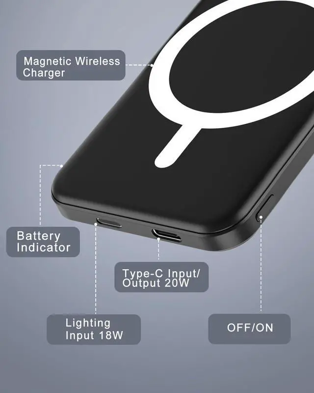 Alt view image 5 of 7 - for Magsafe Battery Pack 5000mAh Magnetic Power Bank with Type-C Cable 20W PD Fast Charging Lighting Input Wireless Portable Charger for iPhone 16/15/14/13/12/ All Series-Black