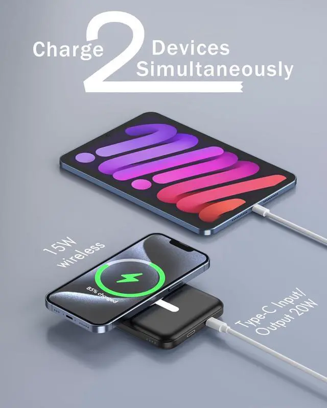 Alt view image 6 of 7 - for Magsafe Battery Pack 5000mAh Magnetic Power Bank with Type-C Cable 20W PD Fast Charging Lighting Input Wireless Portable Charger for iPhone 16/15/14/13/12/ All Series-Black