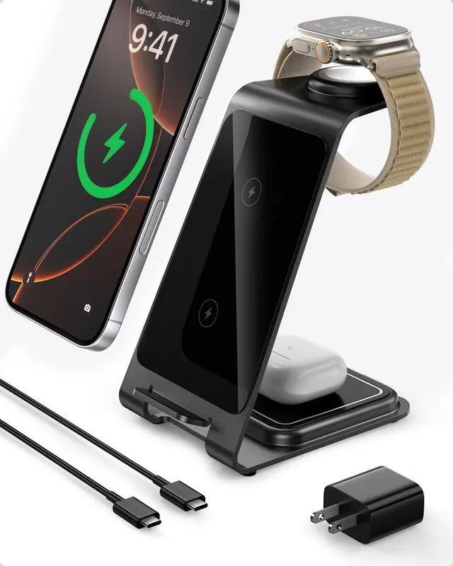 Main image of Intoval 3 in 1 Wireless Charging Station for iPhone 16 Pro/16/16 Pro Max/15 Pro/15/15 Pro Max/14 Pro/14/14 Pro Max, for Apple Watch 10/Ultra 3/SE/9/8/7/6/5/4/3/2, for AirPods 4/Pro/Pro 2/3 (Y93, Grey)