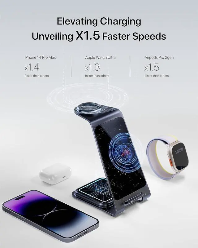 Alt view image 3 of 7 - Intoval 3 in 1 Wireless Charging Station for iPhone 16 Pro/16/16 Pro Max/15 Pro/15/15 Pro Max/14 Pro/14/14 Pro Max, for Apple Watch 10/Ultra 3/SE/9/8/7/6/5/4/3/2, for AirPods 4/Pro/Pro 2/3 (Y93, Grey)