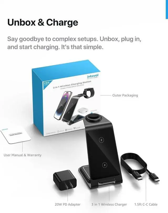 Alt view image 6 of 7 - Intoval 3 in 1 Wireless Charging Station for iPhone 16 Pro/16/16 Pro Max/15 Pro/15/15 Pro Max/14 Pro/14/14 Pro Max, for Apple Watch 10/Ultra 3/SE/9/8/7/6/5/4/3/2, for AirPods 4/Pro/Pro 2/3 (Y93, Grey)