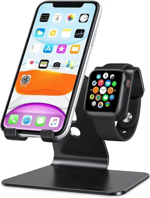 Main image of OMOTON Stand for Apple Watch - 2 in 1 Universal Desktop Stand Holder (Not Include Charger) for All iPhone 16 15 14 13 12 and Apple Watch Series 9/8/SE2/7/6/SE/5/4/3/2 (Both 38/40/41/42/44/45mm)-Black