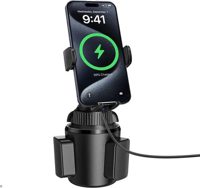 Main image of APPS2Car Solid Cup Phone Mount for Car Cup Holder Wireless Charger 15W with Quick Extension Long Arm Fast Swivel Adjustable Height 360 Rotatable Low Profile for iPhone 15 Pro Max Plus 14 13 12 11 XS X