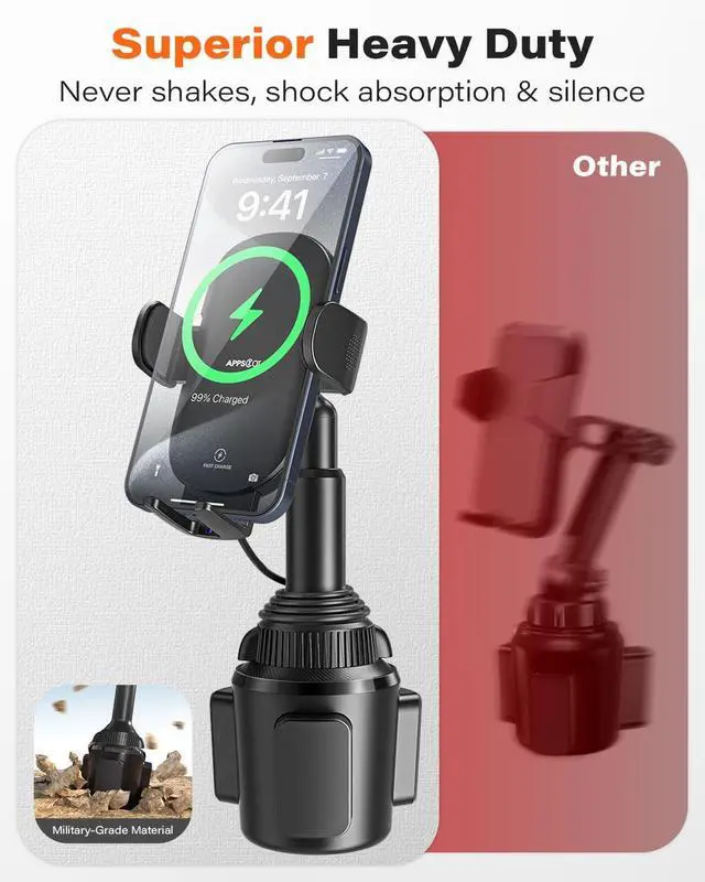 Alt view image 2 of 7 - APPS2Car Solid Cup Phone Mount for Car Cup Holder Wireless Charger 15W with Quick Extension Long Arm Fast Swivel Adjustable Height 360 Rotatable Low Profile for iPhone 15 Pro Max Plus 14 13 12 11 XS X