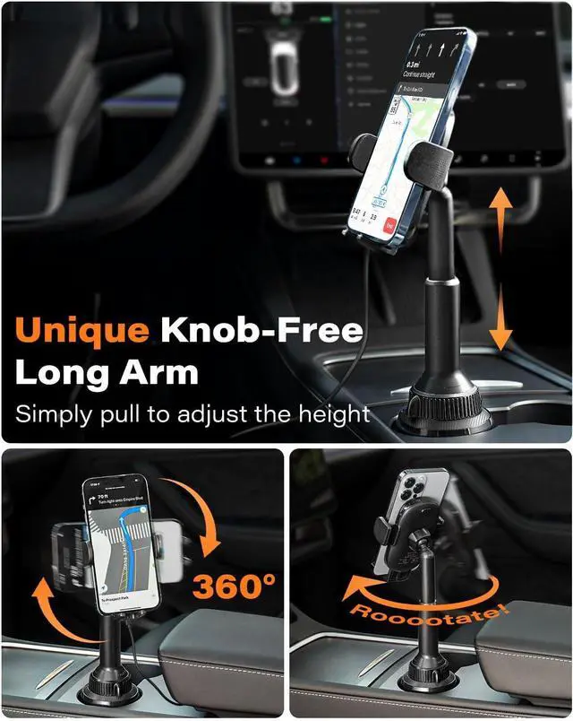 Alt view image 4 of 7 - APPS2Car Solid Cup Phone Mount for Car Cup Holder Wireless Charger 15W with Quick Extension Long Arm Fast Swivel Adjustable Height 360 Rotatable Low Profile for iPhone 15 Pro Max Plus 14 13 12 11 XS X