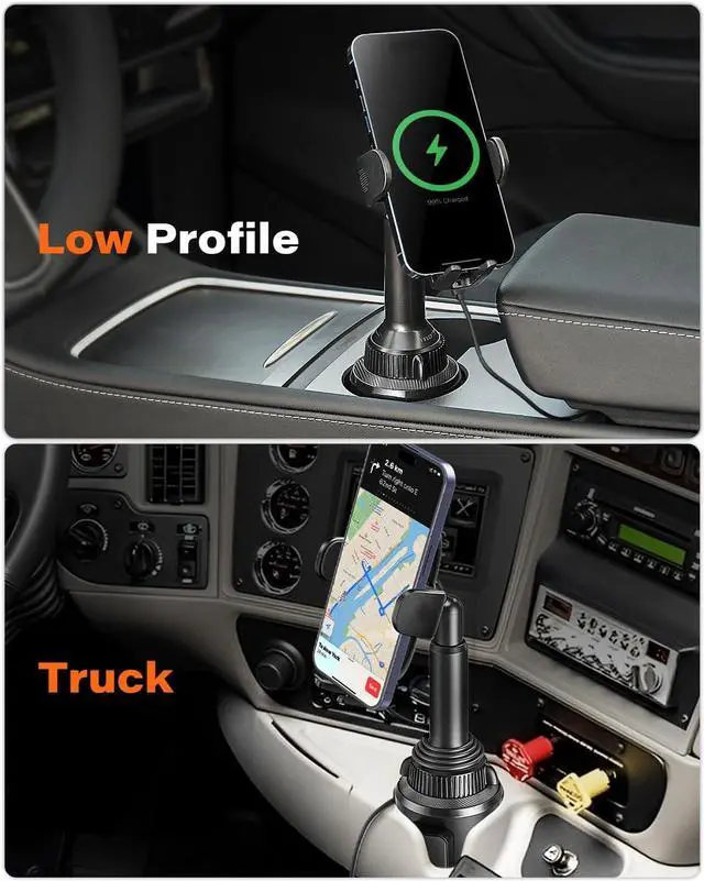 Alt view image 5 of 7 - APPS2Car Solid Cup Phone Mount for Car Cup Holder Wireless Charger 15W with Quick Extension Long Arm Fast Swivel Adjustable Height 360 Rotatable Low Profile for iPhone 15 Pro Max Plus 14 13 12 11 XS X