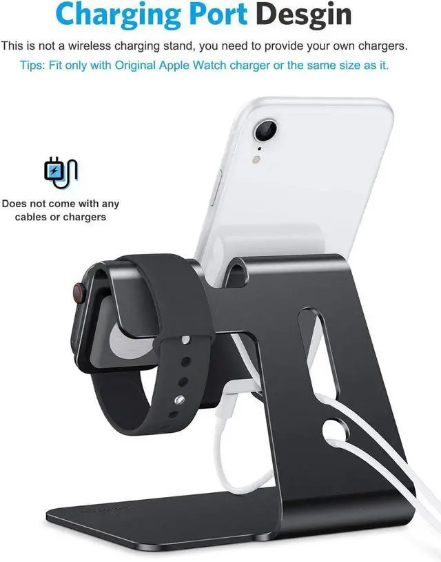 Alt view image 3 of 7 - OMOTON Stand for Apple Watch - 2 in 1 Universal Desktop Stand Holder (Not Include Charger) for All iPhone 16 15 14 13 12 and Apple Watch Series 9/8/SE2/7/6/SE/5/4/3/2 (Both 38/40/41/42/44/45mm)-Black