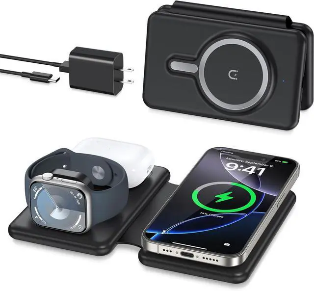 Main image of Wireless Charger iPhone - 3 in 1 Charging Station for Apple Devices for iPhone 17 16 15 14 13 12 Pro Max Plus - Foldable Magnetic Charging Pad for Apple Watch Series & Airpods Series