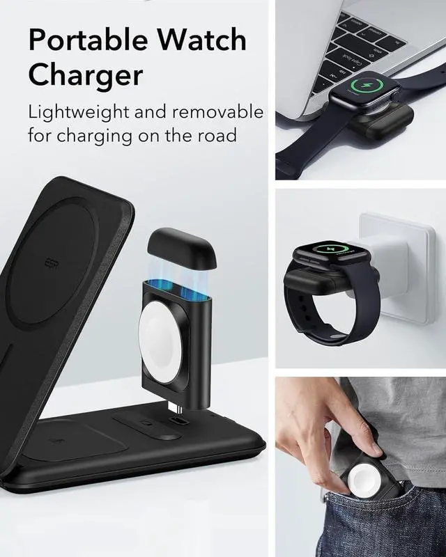 Alt view image 5 of 7 - ESR for 3 in 1 Magsafe Charger, Travel Charger Stand Made for Apple Watch Certified, Foldable Charging Station Compatible with Magsafe and iPhone 16/15/14/13/12, AirPods 4/3/Pro, Black