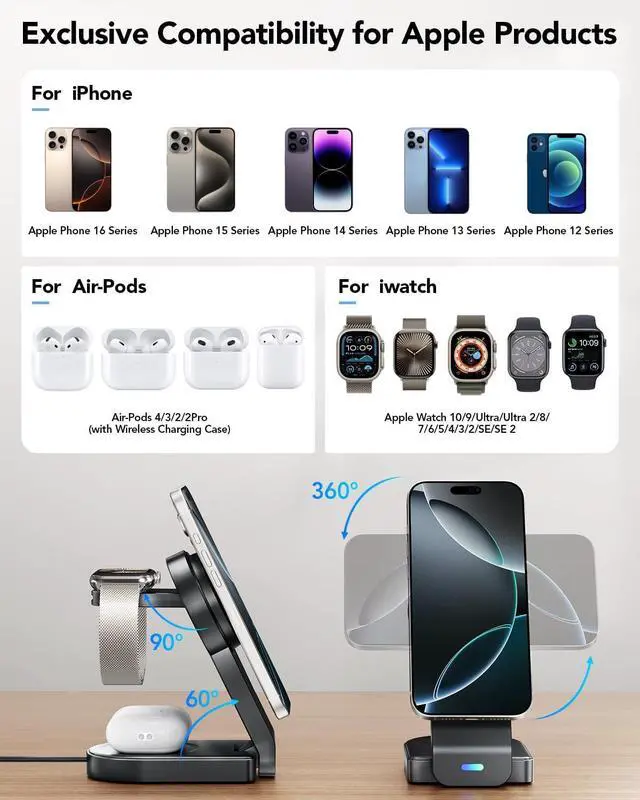 Alt view image 2 of 7 - 3 in 1 Wireless Charging Station Compatible with Apple,Foldable Magnetic Wireless Charger for iPhone 16/15/14/13/12,Apple Watch Series 10/Ultra 2/Ultra/9/8/7/6/5/4/SE/SE 2,Air-Pods 4/3/Pro/2(Black)